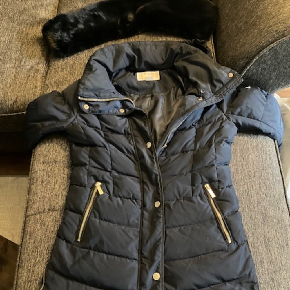 Michael Kors Long Puffer Hooded Jacket Navy Blue